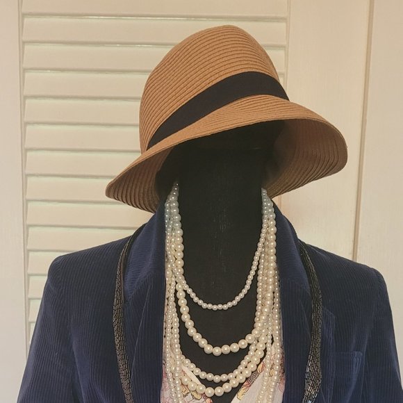 Ann Taylor Factory Fedora Straw Hat w/ Navy Bow Ribbon - Picture 1 of 7